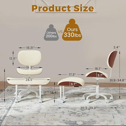 EROMMY Criss Cross Chair with Wheels Retractable footrest, Wide and Thickened ADHD Chair, Ergonomic Cross Legged Kneeling Desk Chairs for Meditation Yoga, Beige & Brown