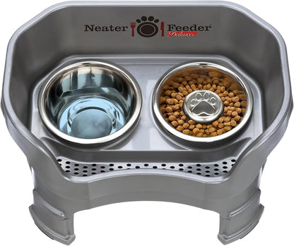 Neater Feeder Deluxe Mess-Proof Elevated Dog Bowls for Medium Dogs (19–40 lbs), 2 Height Adjustable (10” & 12.5”) No-Spill Raised Dog Bowl Stand w/Slow Feed Bowl for Food, Made in USA, Grey