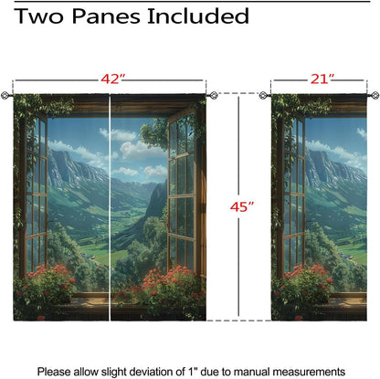 Mountain Blackout Curtains for Girls Boys Teens Home Decor, Spring Sky View Nature Forest Flower Grommet Thermal Insulated Drapes Darkening Window Curtain for Bedroom Living Room, 42 x 45 Inch