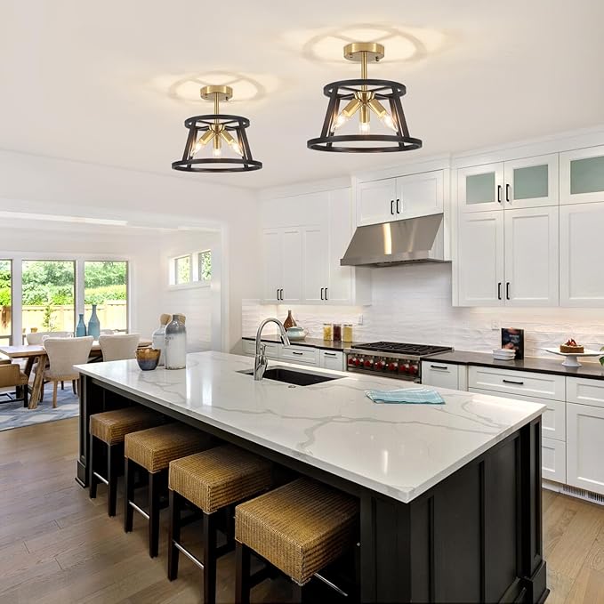 Modern Black and Brushed Gold Semi Flush Mount Ceiling Light, 3 Lights Industrial Close to Ceiling Light Fixtures, 12.59" Ceiling Lamp for Hallway Entry Laundry Bedroom Kitchen Lighting, UL Listed
