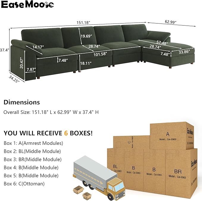 EASE MOOSE Oversized Sectional Sofa with Ottoman,Comfty L Shape Sectional Deep seat Modular Sofa,Cloud Couch for Living Room, Removable Cover,Green