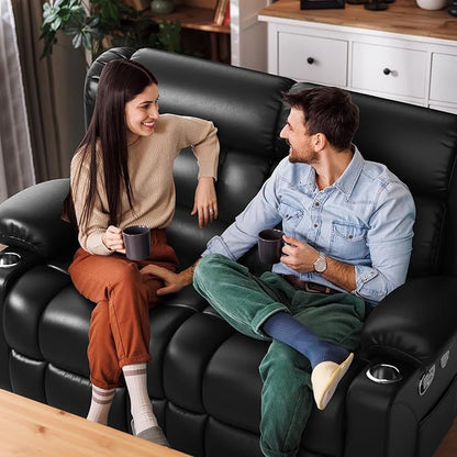 FURNIMAT New Loveseat Recliner Sofa, 2 Seater Reclining Loveseat Sofa, PU Leather Dual Recliner Chair, Modern Loveseat Couch for Living Room, with Cup Holder and USB Ports, Black