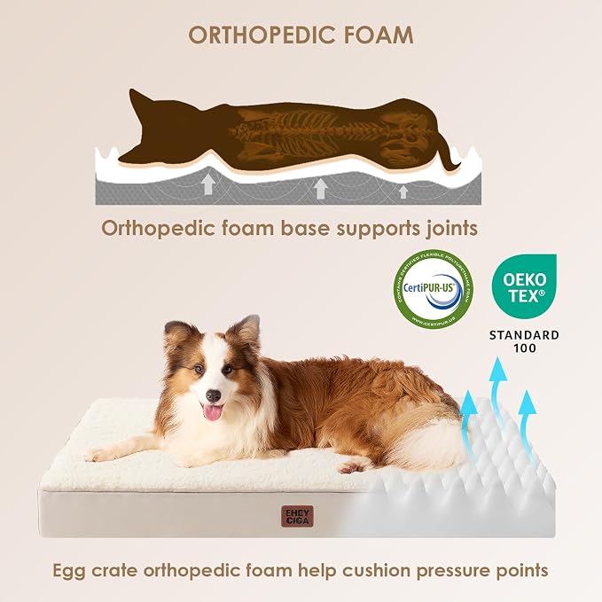 EHEYCIGA Orthopedic Dog Bed Large with Removable Washable Cover, 44IN Camel | Egg Crate Foam Support, Durable Oxford fabric, Non-Slip Bottom, Machine Washable, Soft Waterproof Plush Pet Bed Mat For Crate