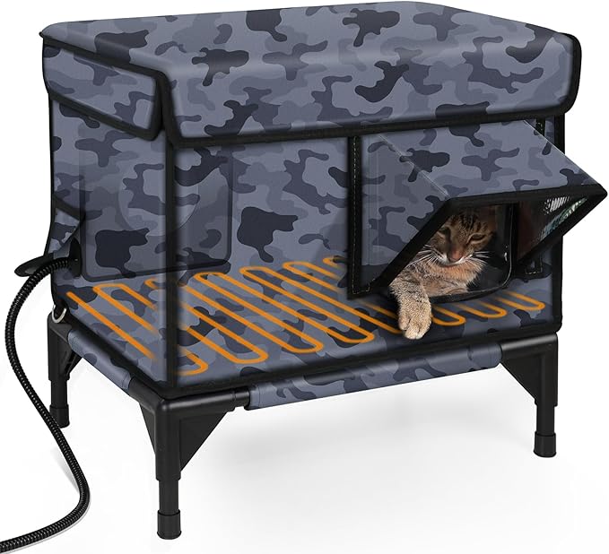 Premium Heated Cat House for Outside Cats, 100% Weatherproof & Windproof Escape Door, Elevated Base, Winter Insulated Feral Stray Outdoor Cat Shelter with Heater