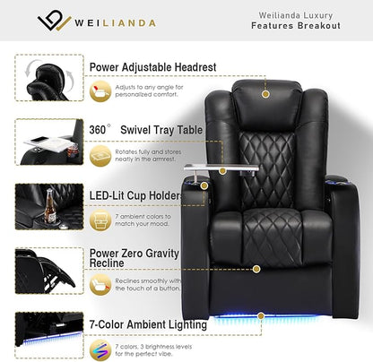 Weilianda Home Theater Seating Top Grain Leather Zero Gravity Recliner Chair Power Headrest Recline Movie Seat Gaming 7 Colors Mood Light Sofa with Tray Table USB Charge Row of 5 Loveseat Left Black