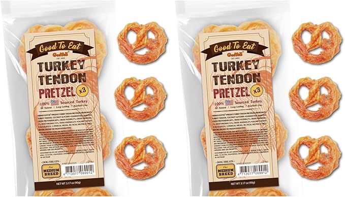 Gootoe Turkey Tendon Dog Treats, Pretzel (M) 3.17 oz, USA-Sourced Turkey Tendon, Natural Snack, Premium Puppy Chews, Hypoallergenic, Reseal Value Bags, Size for Medium Dogs (Pack of 2)