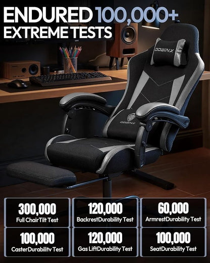Gaming Chair with Footrest, Ergonomic 330lbs Leather Mesh Chair, Massage Lumbar Support, Adjustable Height & Headrest Pillow, Breathable Seat for Office, Home, Streaming, Long Gaming Sessions, Onyx