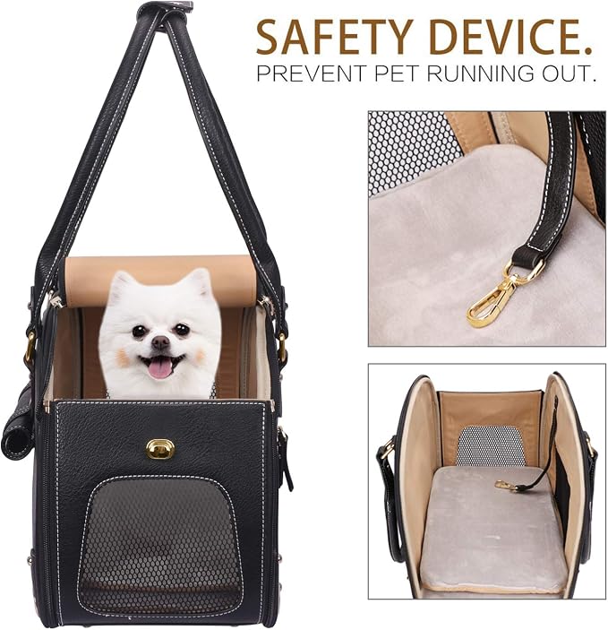 Dog Carrier Purse, Pet Carrier, Waterproof Premium Leather Pet Travel Portable Bag Carrier for Cat and Small Dog Home & Outdoor Medium Black