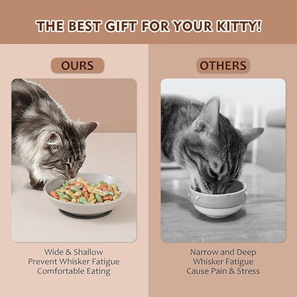 Ceramic Cat Food Bowl Set - 5.75 inch Colorful Cute Cat Dishes with Non Slip Pads - Wide Shallow Whisker Friendly - Microwave and Dishwasher Safe - 6 Pack - 8.5 oz