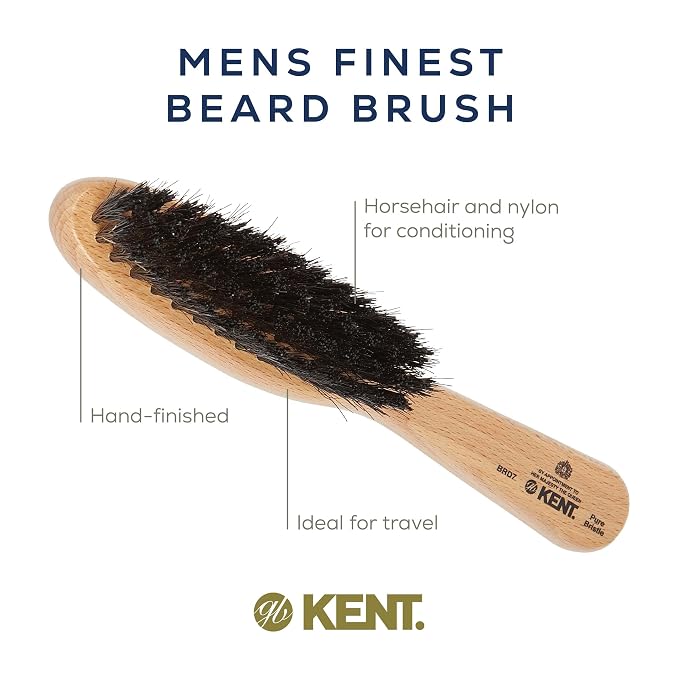 Kent BRD7 Horsehair and Nylon Blend Soft Beard Brush for Men for Flawless Shaping and Grooming, Ergonomic Grip Beechwood Handle, for Mustache and Beards, Distributes Oils and Balms. Made in England