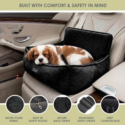 NANDOG Luxury Dog Car Seat Bed for Medium Dogs, Micro Plush Pet Seat with Removable & Washable Cushion Insert, Thick Safety Seatbelt Straps, Secure Travel Carrier, Charcoal Dark Grey, 22" L x 18" W
