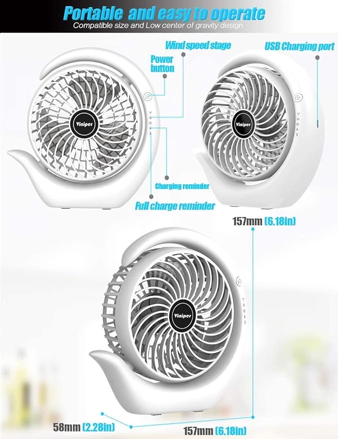 Viniper Portable Rechargeable Fan, Small Desk Fan : 3 Speeds & 8-24 Hours