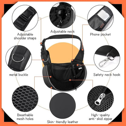 YUDODO Pet Sling Carrier for 5-9 lbs Small Dogs Cat Puppy Crossbody Carrier | Bottom support, Safety Hook, Large Zipper Pocket, Soft Breathable Mesh, Adjustable Strap, Reflective Strip, Black, M