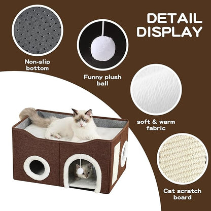 Large Cat Bed for Indoor Cats, Extra Wide Cat Cave House with Scratch Pad and Fluffy Ball, Foldable Cat Hideaway for Kitten Bed, Cat Condo for Cats (Brown, X-Large)