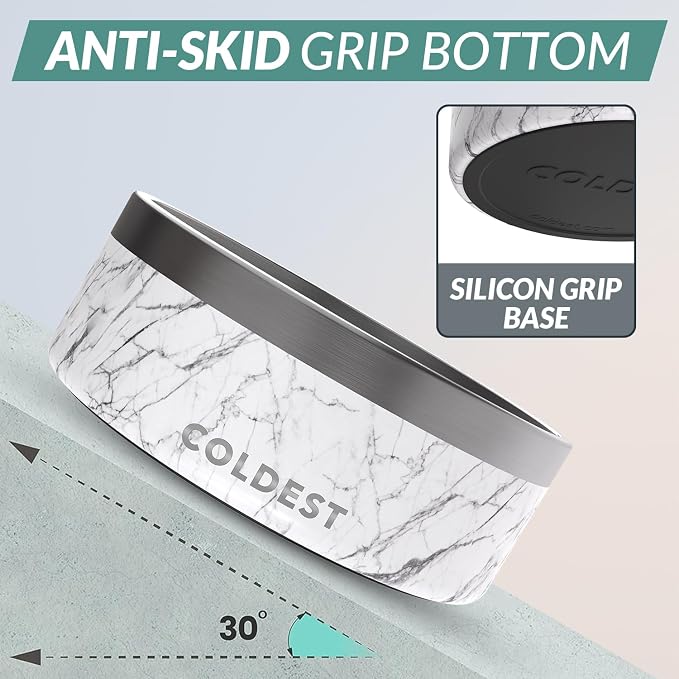 Coldest Dog Bowl - Anti Rust Metal, Non Slip, 3 Layers Insulated Stainless Steel Dog Bowls - Spill Proof & Heavy Duty - Water Bowl for Dogs, Cats & Pets, Dish Washer Safe (64 oz, Carrara Marble)