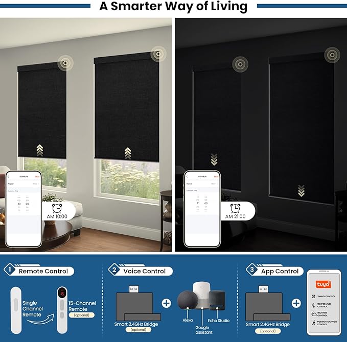 No Drill Motorized Blinds with Remote, Cordless Smart Electric Roller Shades