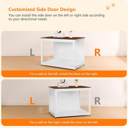 DWANTON Dog Crate Furniture with Cushion, Wooden Kennel Table with Double Doors, Indoor Dog House, Large Size, 38.5" L, White+Rustic Brown