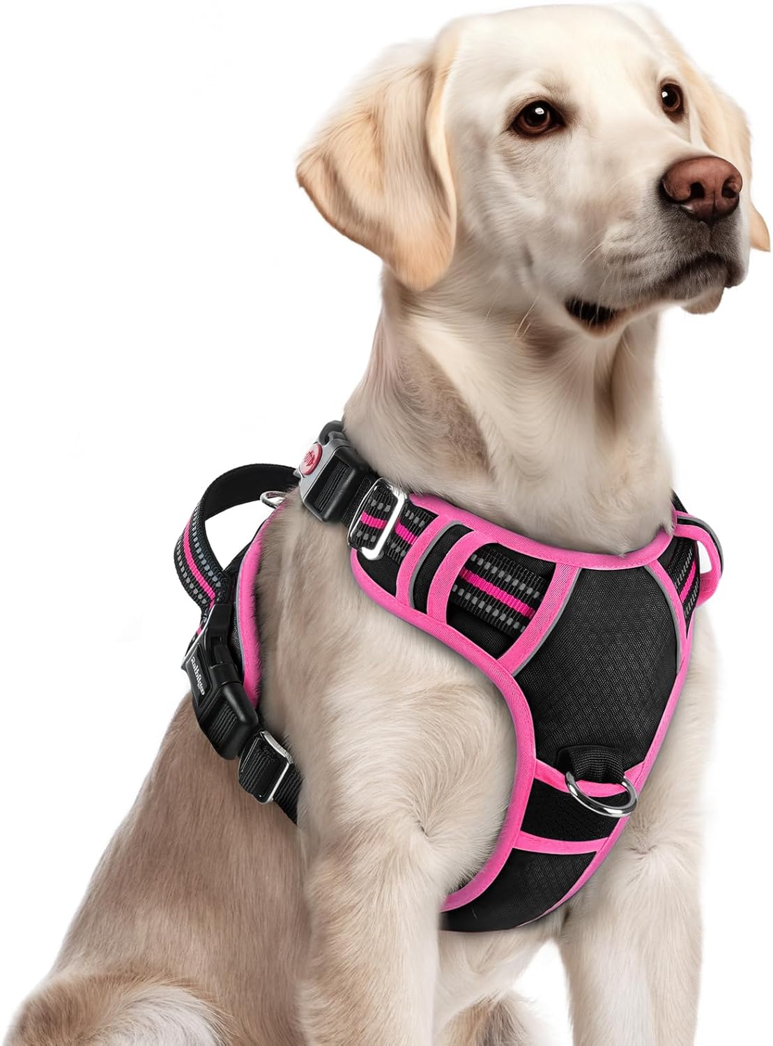 rabbitgoo Dog Harness for Large Dogs, No Pull Pet Vest with 3 Buckles, Adjustable Soft Padded Pet Harness with Easy Control Handle and Reflective Strips, Black & Rose Pink, L