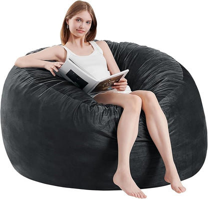 Bean Bag Chairs for Adults - Memory Foam Furniture BeanBag Chair - Kids/Teens Sofa with Soft Micro Fiber Cover - Round Fluffy Couch for Living Room Bedroom College Dorm - 4 ft, Carbon Black