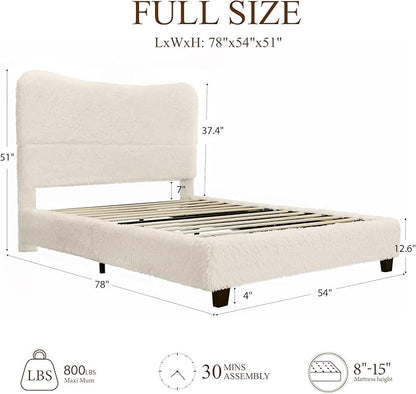Brafab Full Bed Frame with Headboard, Boho Fluffy Boucle Cloud Upholstered Platform Bed with Soft Rounded Corners and Wooden Slats, No Box Spring Needed, Noise Free, Easy Assembly, Beige
