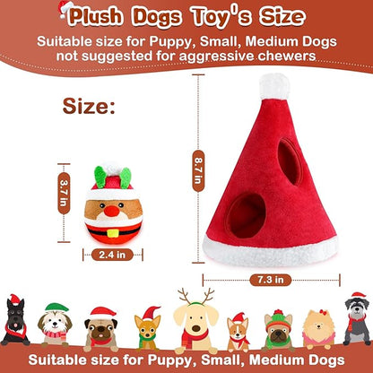 Christmas Squeaky Dog Toys - 4 Pack Hide and Seek Dog Toys - Plush Toys Christmas Hat for Puppy, Small, Medium Breeds