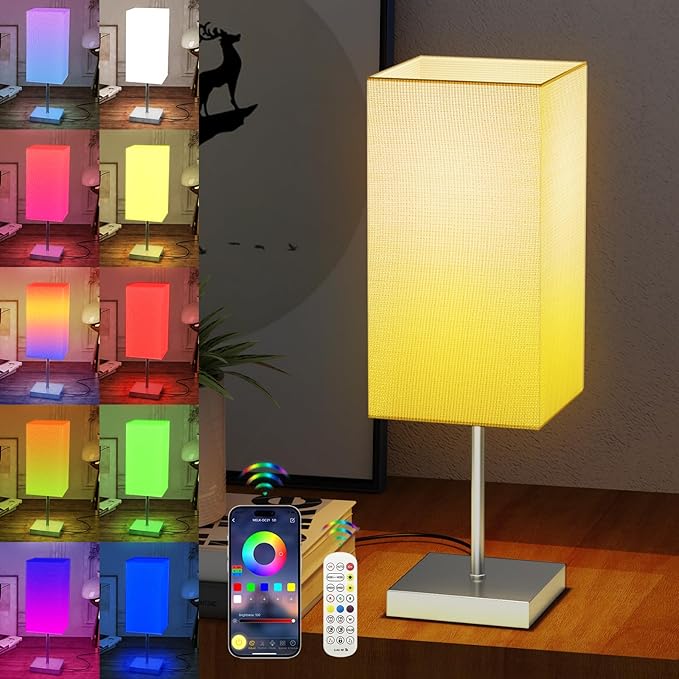 Smart Bedside Table Lamp for Bedroom, Modern Bedroom Lamps for Nightstand Decoration, 72 LED Colorful Bulb with APP Control & Music Sync & Timer, Desk Light for Home Office Living Room (Nickel Square)