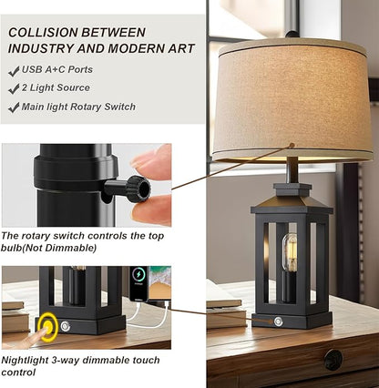 23.75" Retro Farmhouse Black Table Lamp for Living Room Bedroom Nightstand Set of 2 Touch Control Bedside Nightlight Vintage Modern Lamp with USB C+A Ports and 2 Light Sources