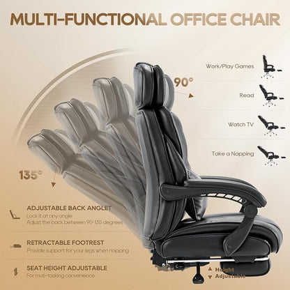 COLAMY Office Chair with Retractable Footrest, Ergonomic High Back Design Executive Computer Desk Chair with Removable Lumbar Pillow, 90-135°Reclining, Thick Bonded Leather for Home Office Work, Black