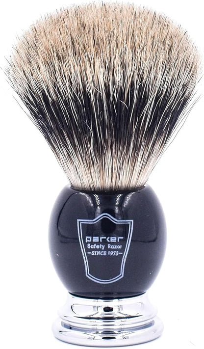 Parker 3-Band Pure Badger Shaving Brush with Stand – Black & Chrome Handle | 22mm Knot | Rich Lather for Soap & Cream | Handcrafted Wet Shaving Brush for Men | Premium Grooming Tool