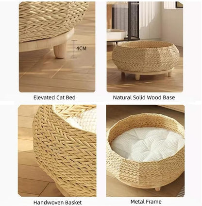 SHENGOCASE Extra Large Handwoven Paper Rope Wicker Rattan Pet Cat Dog Nest Basket Bed, Elevated Couch with Wooden Base, Cozy Cushion for Maine Coon, Indoor