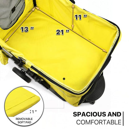 MoNiBloom Foldable Pet Stroller with Waterproof Cover, 3-Wheels Dog Strolling Cart for Small/Medium Dogs and Cats with Storage Basket and Cup Holder, Breathable and Visible Mesh for All-Season, Yellow