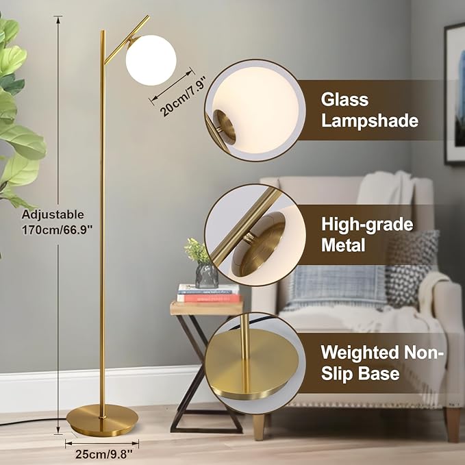 Mid Century Floor Lamp for Living Room Modern Tall Standing Lamp with Frosted Glass Globe Shades Contemporary Brass Freestanding Lamp for Office Bedroom (Gold)