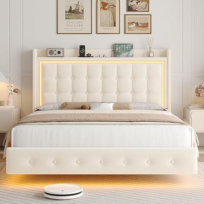 Keyluv Upholstered Queen Floating Bed Frame with RGB LED Lights and Charging Station, Velvet Platform Bed with Button Tufted Storage Headboard, Type-C & USB Charging Ports, No Box Spring Needed, Beige