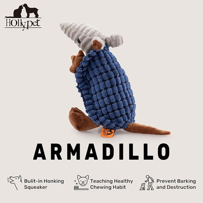 Hollypet Plush Dog Squeaky Toy Stuffed Armadillo Animal Pet Puppy Chew Toys with Clean Teeth for Small Medium Large All Breed Sizes Dogs, Dark Blue, 8 in