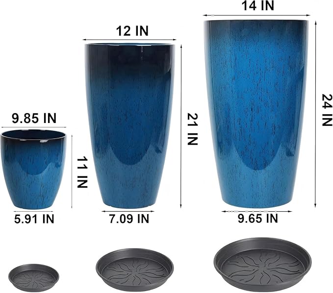 24/21/11 Inch Tall Planter Pots Garden Plastic Planters - Set of 3 for Indoor & Outdoor Use - Decorative Lightweight Flower Pots (Dark Grey)