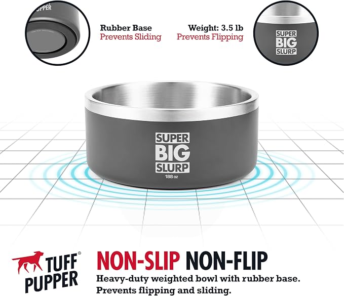 Tuff Pupper Heavy Duty Insulated Dog Bowl | Double Wall Stainless Steel Dog Food Dish | Non-Slip Spill Proof Dishwasher Safe Cat Bowl | Water Dish for Feeding Large Medium Small Pets (188oz, Grey)