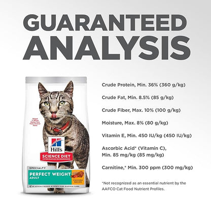 Hill's Science Diet Perfect Weight, Adult 1-6, Weight Management Support, Dry Cat Food, Chicken Recipe, 3 lb Bag