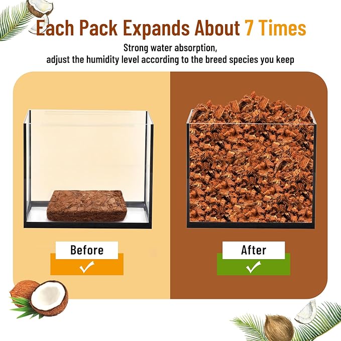 Riare 6 Pack Natural Coconut Chip Substrate for Reptiles- Compressed Coconut Husk Reptiles Bedding, Coco Husk Chip Terrarium Substrate for Snakes, Tortoises, Ball Python, Frogs, Bearded Dragon, Lizard