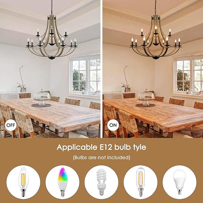 Farmhouse Chandeliers for Dining Room Light Fixture, 2 Tier 12-Light 41" Adjustable Height Retro Faux Wood Texture Rustic Light Fixtures for Living Room Bedroom Kitchen Island Foyer Entryway