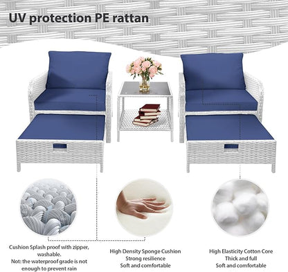LEVELEVE Balcony Furniture 5 Piece Patio Conversation Set, PE Wicker Rattan Outdoor Lounge Chairs with Soft Cushions 2 Ottoman&Glass Table for Porch