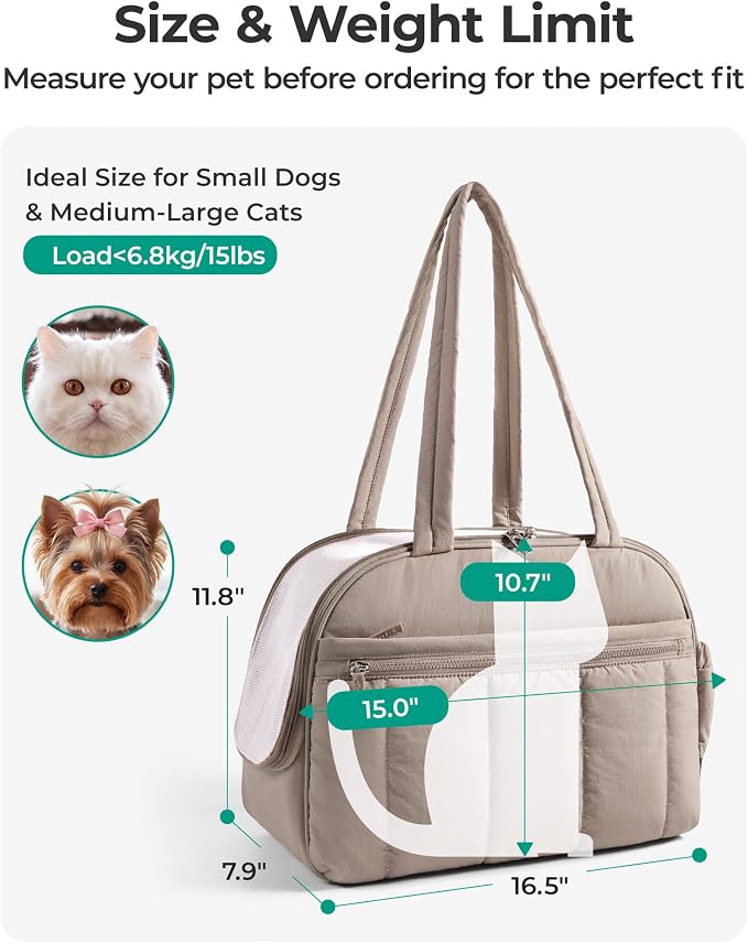 BAGSMART Dog Purse Carrier for Small Dogs Up to 13lbs Puppy Travel Tote Bag | Quilted Puffy Soft Sided Pet Handbag with Pockets, Collapsible Lightweight Portable Carrying with Safety Tether & Mat, Grey