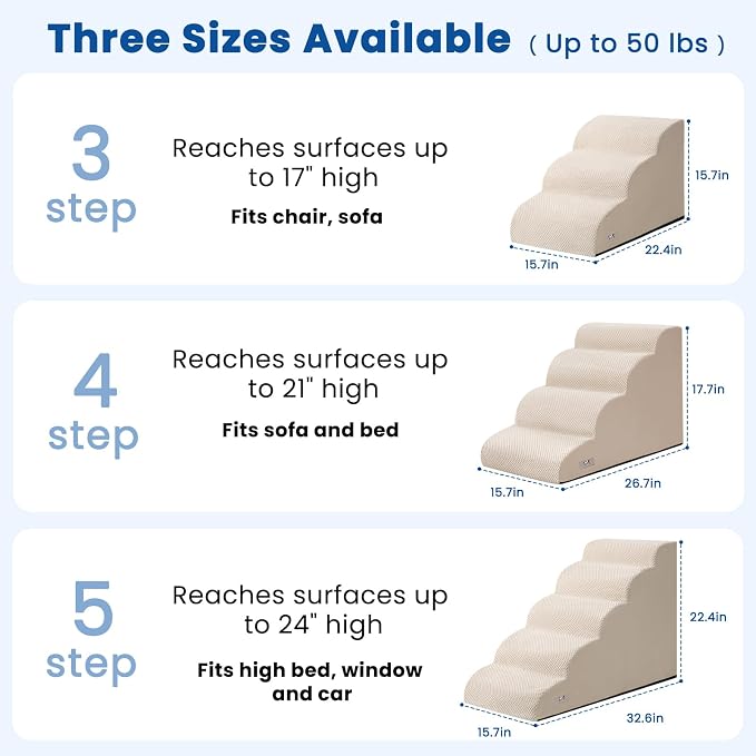 Dog Stairs for Small Dogs & Cats,3 Steps Non-Slip Pet Ramp for Couch,15.7"H | Airpanda Pet Stairs with Washable Cover & High-Density Foam,Gentle Curved Design,Ideal for Senior & Short-Legged Dogs,Beige
