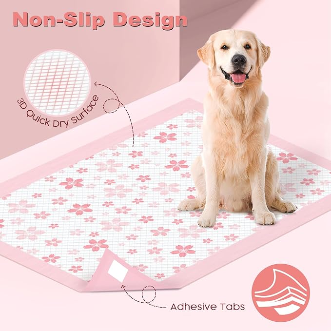 MIZOK Pink Puppy Pads with Adhesive Tabs Disposable Pee Pads 28x34in 30Ct | Heavy Duty Floor Protection Super Absorbent Large Pet Training Pads Use Sticky Bottom Strips to Keep Indoor Areas Mess Free
