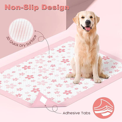 MIZOK Pink Puppy Pads with Adhesive Tabs Disposable Pee Pads 28x34in 30Ct | Heavy Duty Floor Protection Super Absorbent Large Pet Training Pads Use Sticky Bottom Strips to Keep Indoor Areas Mess Free