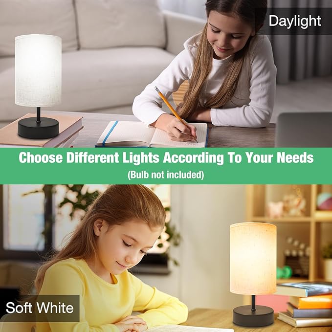 Small Table Lamp, Minimalist with Flaxen Shade, 9 Inch Design for Bedroom & Dorm Room, 2 Pack