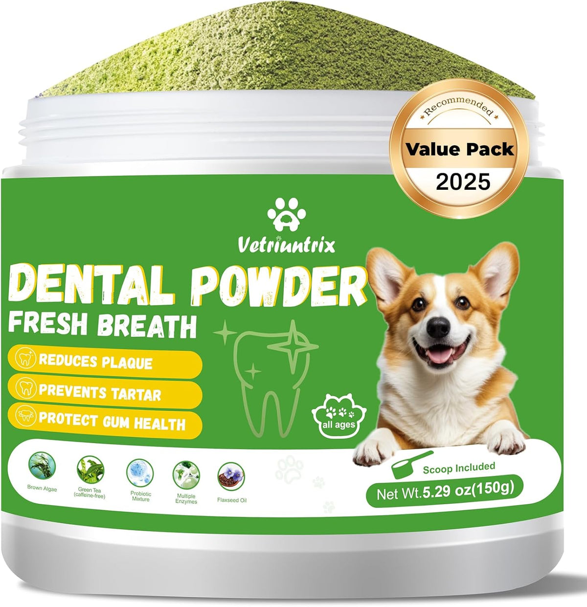 Dog Dental Care Powder - Plaque & Tartar Control with Natural Enzymes, Teeth Cleaning Powder for Dogs with Probiotic, Bad Breath Treatment for Small Medium Large Dogs