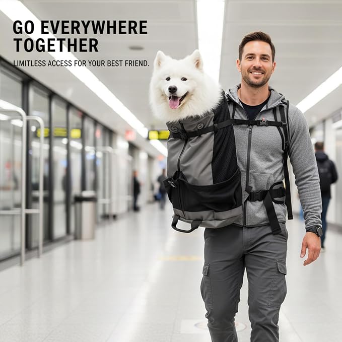 Big Dog Backpack Carrier, Dark Gray | Extra Large Pet Carrier for 66lbs Dogs, Fully Adjustable Water-Resistant Dog Travel Bag for Hiking Cycling Outdoor Adventures