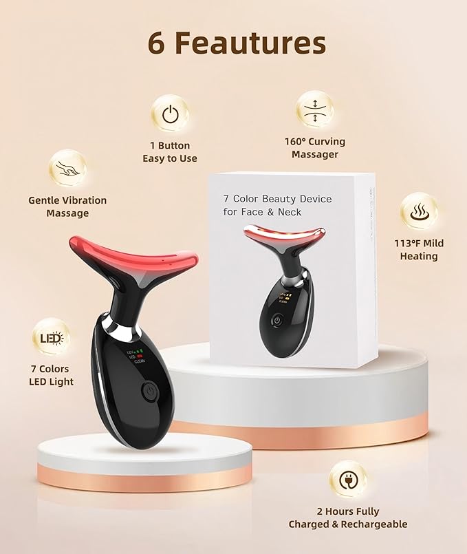 Red Light Therapy for Face and Neck, 7 Color Light Based Face Massager Tool, Portable Skin Care Tool for Firming, Tightening and Lifting (Glossy Black)