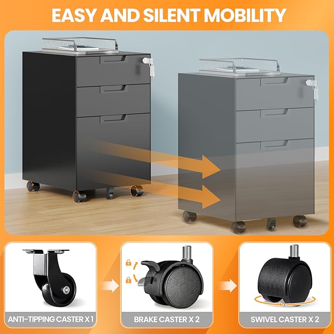 3 Drawer File Cabinet with Lock, Fully Assembled Metal Mobile Filing Cabinets