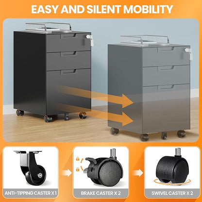 3 Drawer File Cabinet with Lock, Fully Assembled Metal Mobile Filing Cabinets